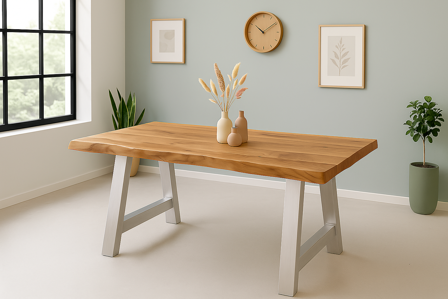 Esstisch Baumkante Akazie massiv 50mm Natur 160 x 85 cm A-Gestell silber CALI
