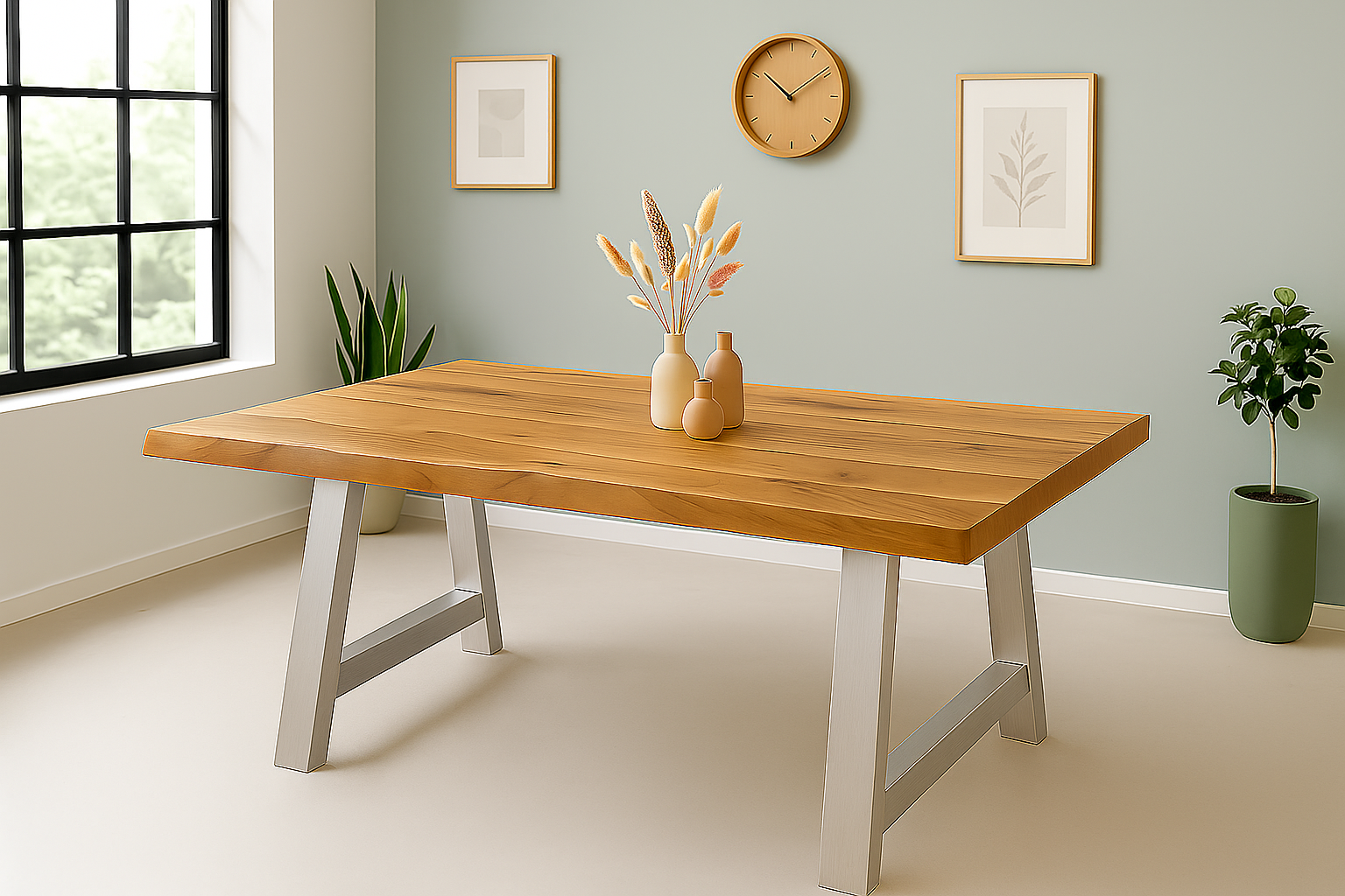 Esstisch Baumkante Akazie massiv 50mm Natur 280 x 100 cm A-Gestell silber CALI