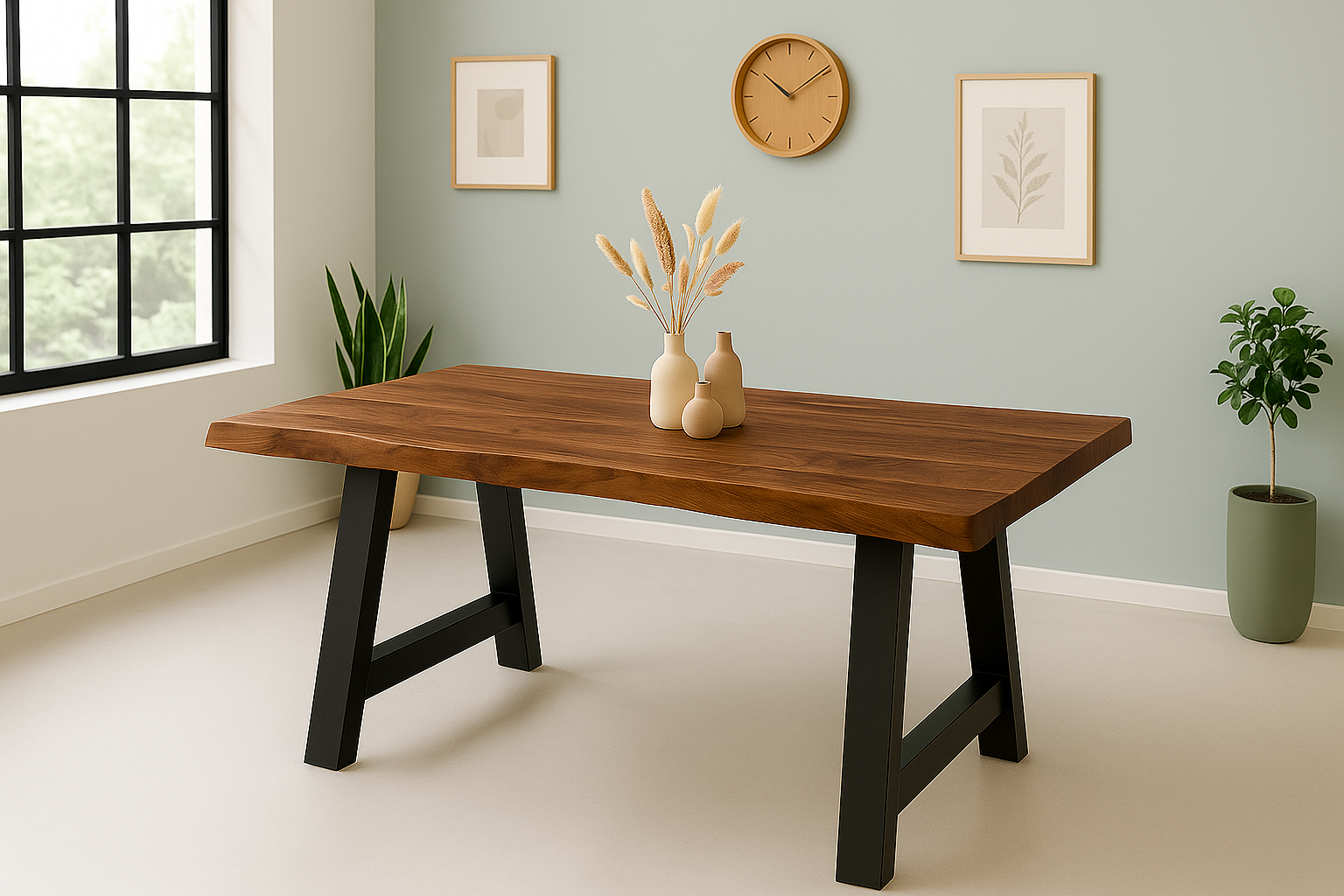 Esstisch Baumkante Akazie massiv 50mm Nussbaum 180 x 90 cm A-Gestell schwarz CALI