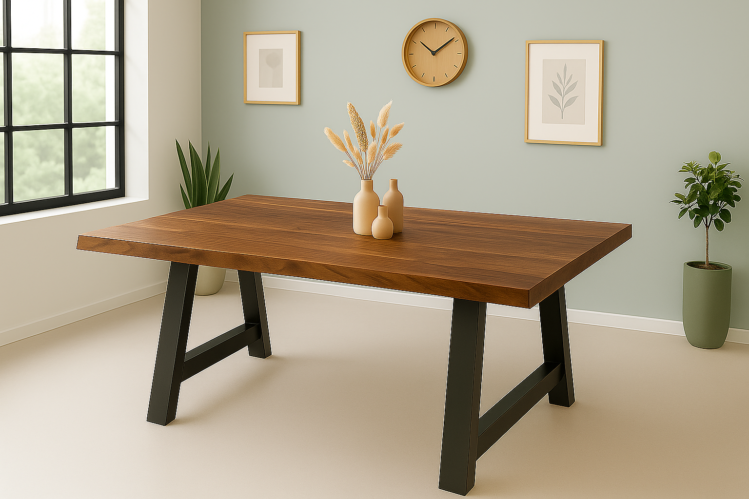 Esstisch Baumkante Akazie massiv 50mm Nussbaum 300 x 100 cm A-Gestell schwarz CALI