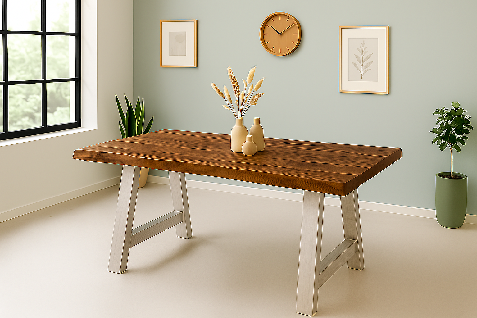 Esstisch Baumkante Akazie massiv 50mm Nussbaum 160 x 85 cm A-Gestell silber CALI