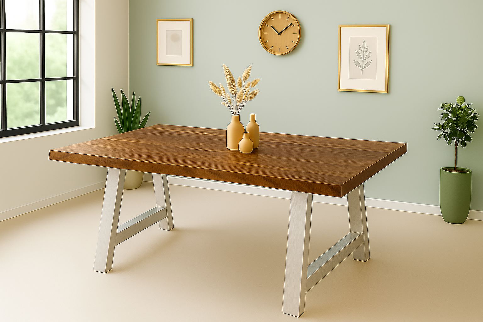 Esstisch Baumkante Akazie massiv 50mm Nussbaum 200 x 100 cm A-Gestell silber CALI