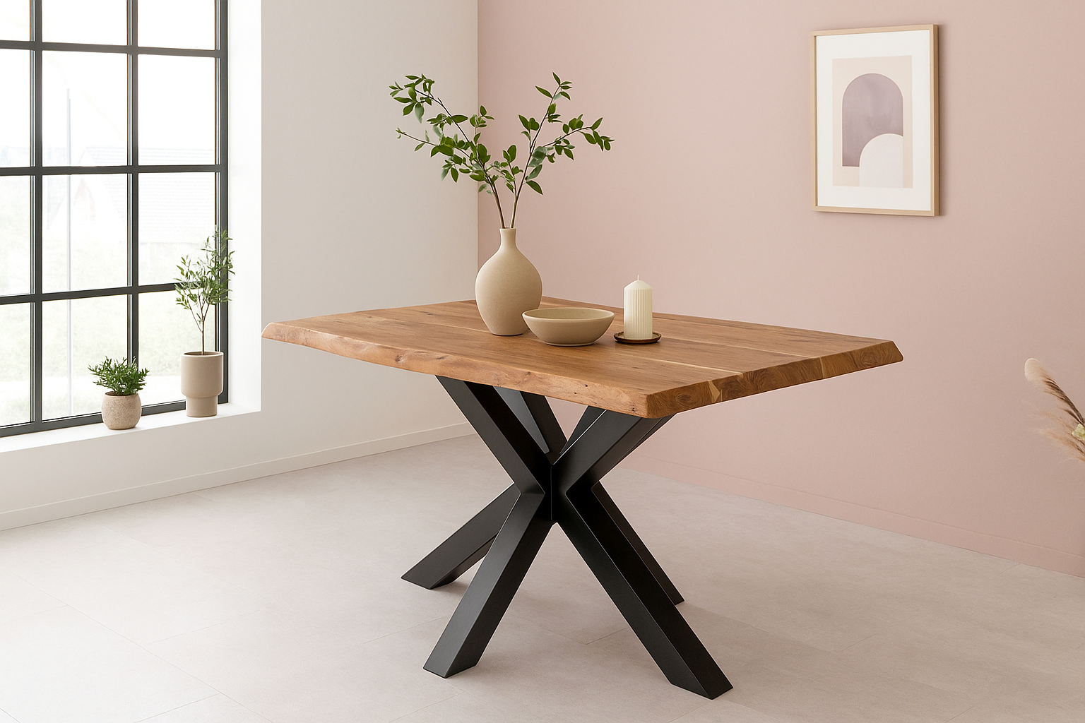Esstisch Baumkante Akazie massiv 50mm Natur 160 x 85 cm Spider-Gestell schwarz CALI