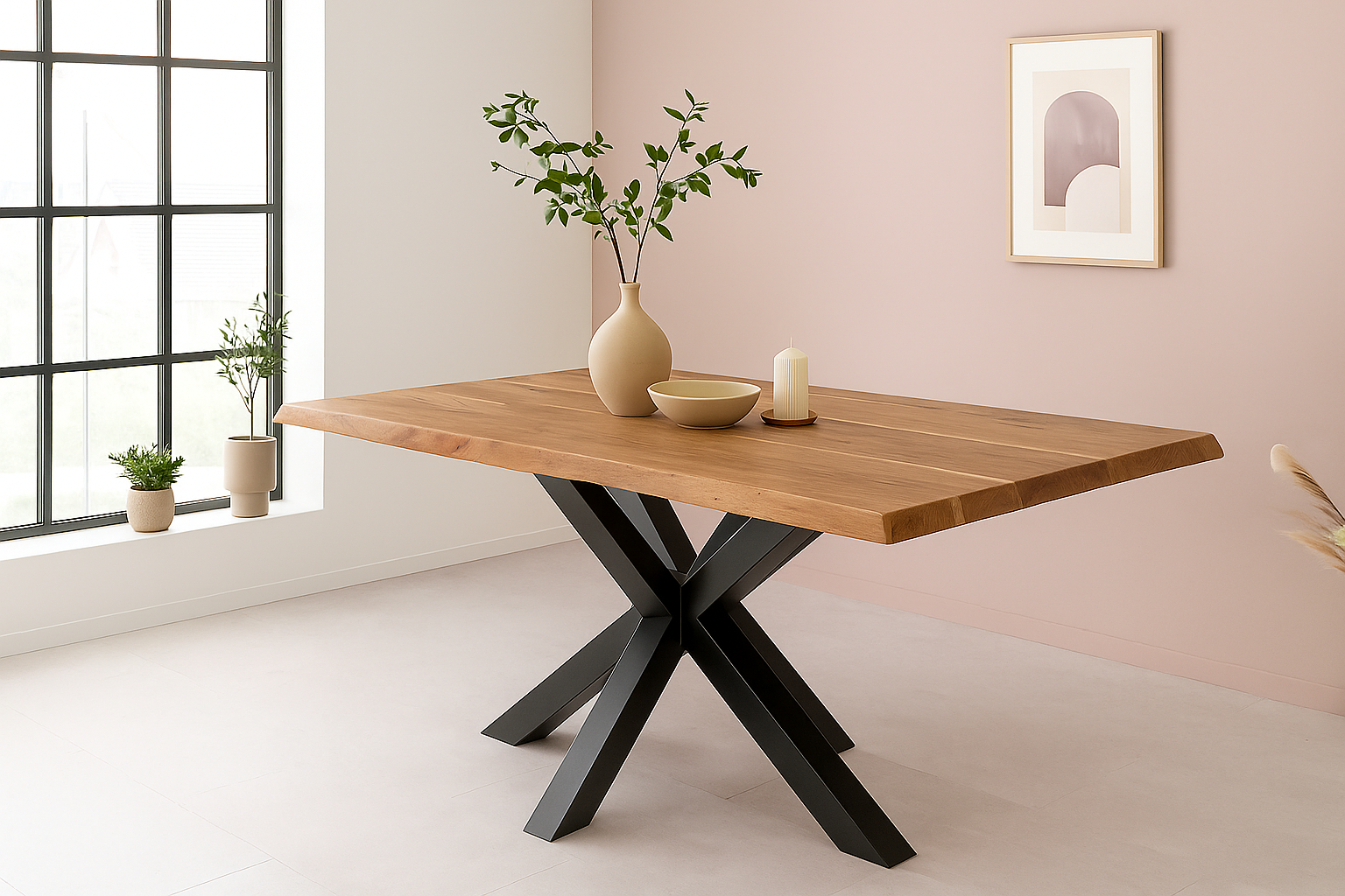 Esstisch Baumkante Akazie massiv 50mm Natur 200 x 100 cm Spider-Gestell schwarz CALI