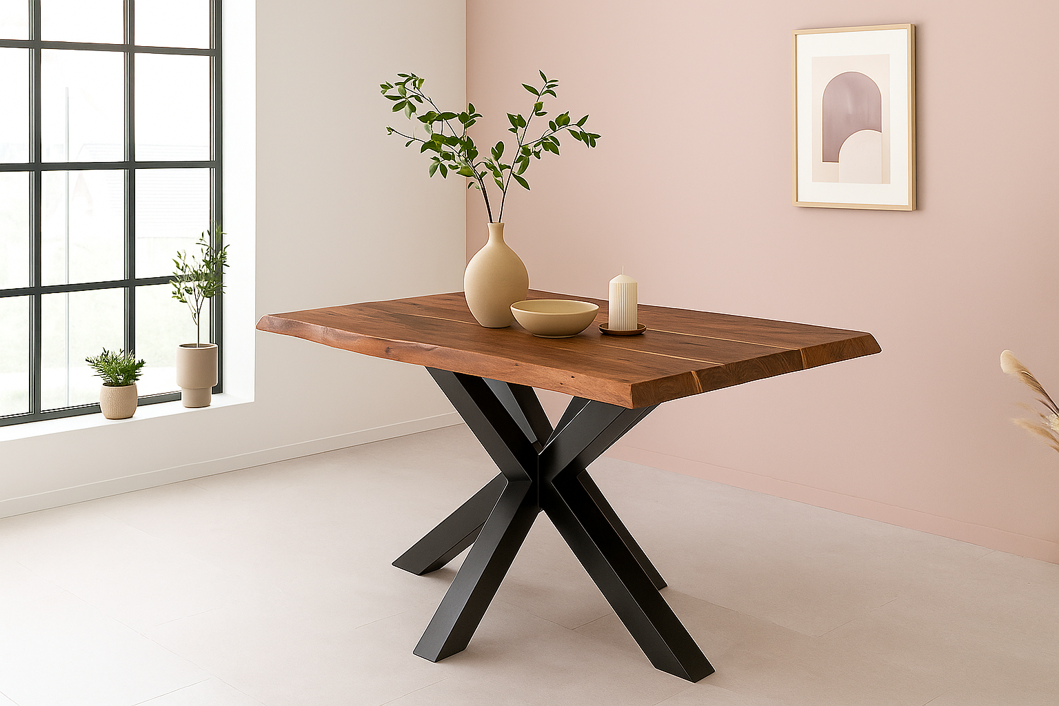 Esstisch Baumkante Akazie massiv 50mm Nussbaum 180 x 90 cm Spider-Gestell schwarz CALI