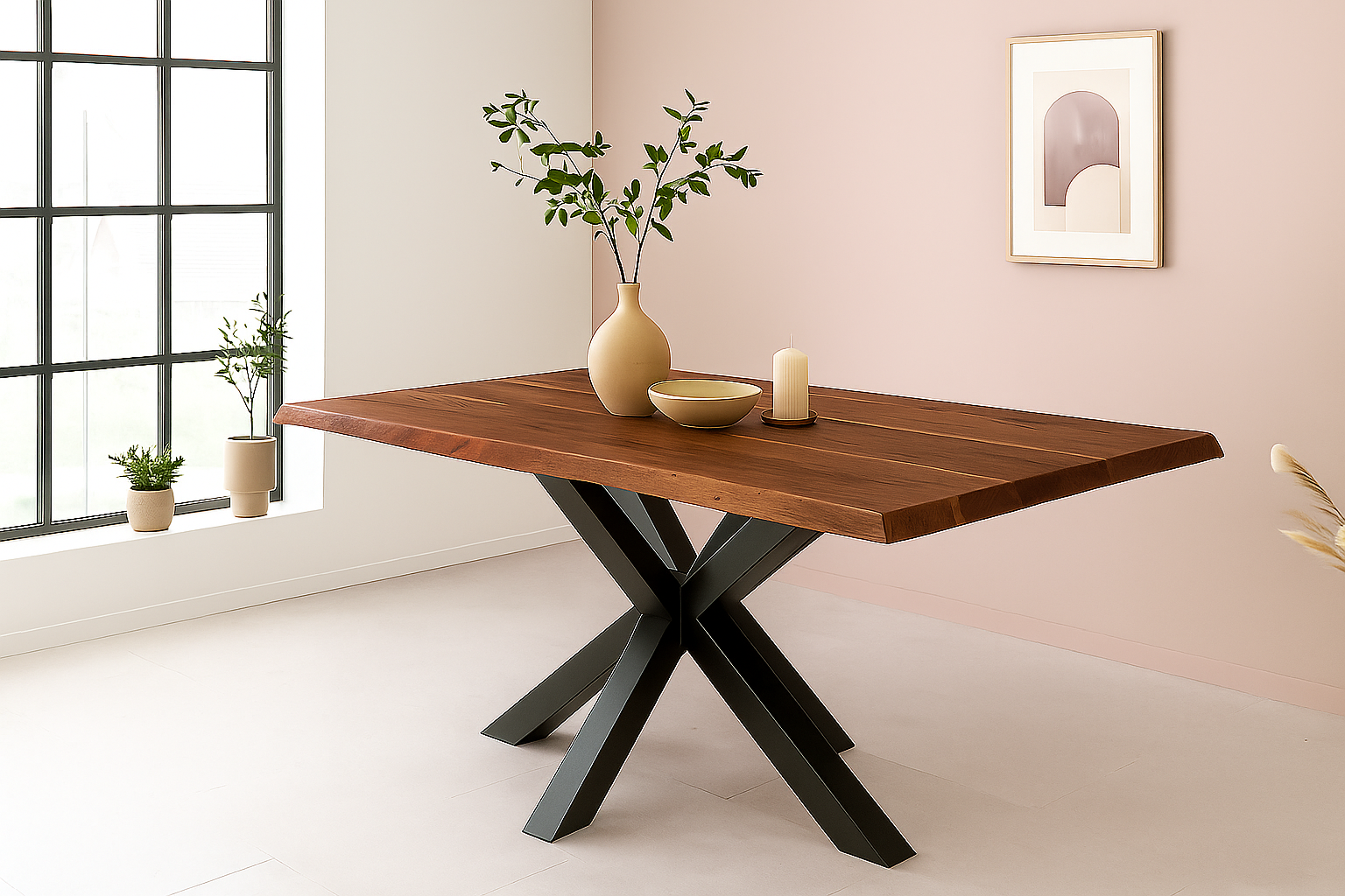 Esstisch Baumkante Akazie massiv 50mm Nussbaum 220 x 100 cm Spider-Gestell schwarz CALI