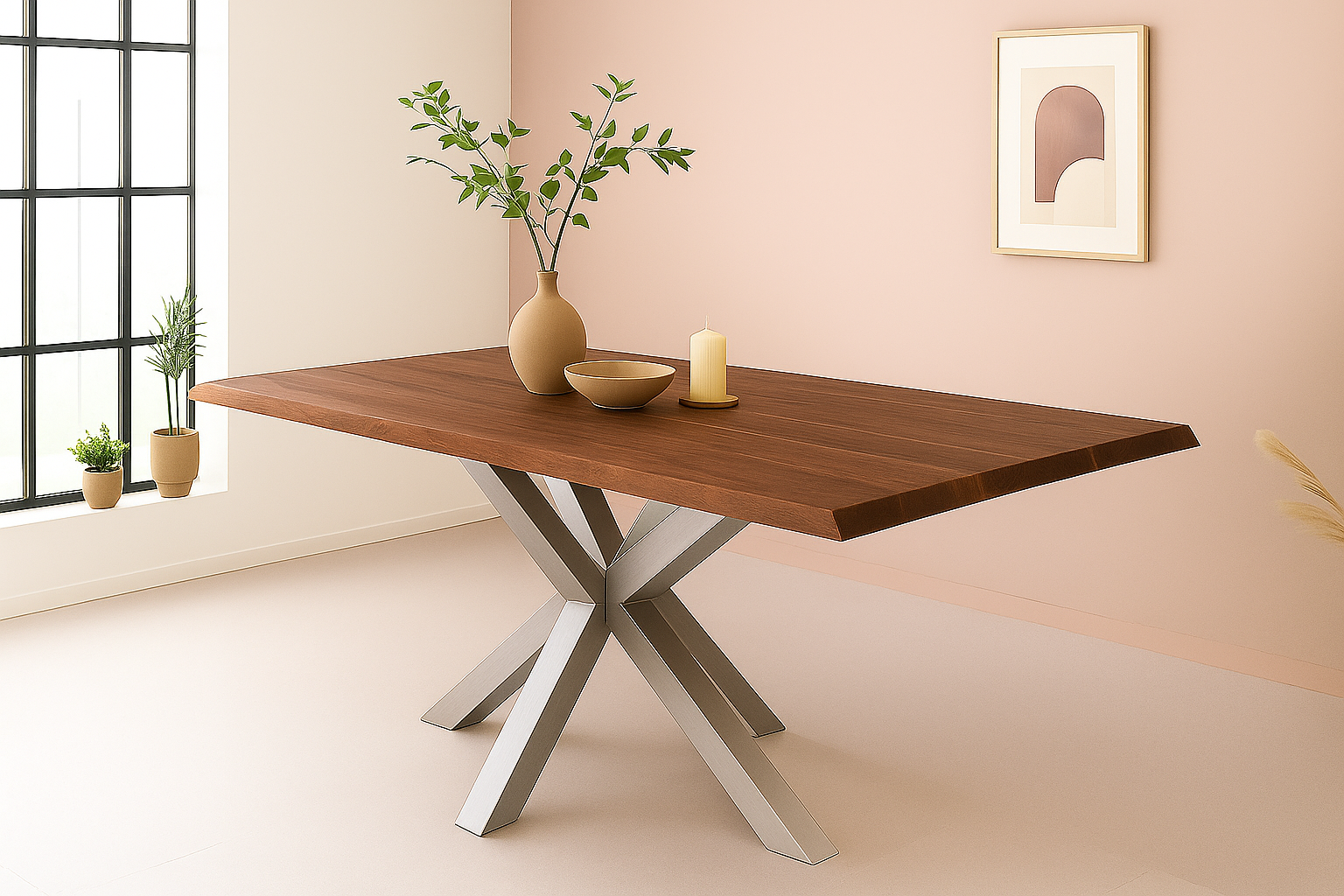 Esstisch Baumkante Akazie massiv 50mm Nussbaum 300 x 100 cm Spider-Gestell silber CALI