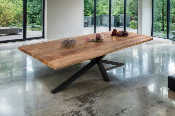 B-Ware Esstisch Baumkante 300 x 100 cm Mangoholz Rough Spider-Gestell schwarz CALI