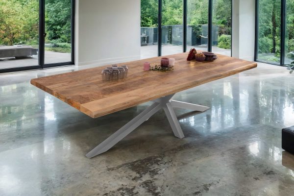 B-Ware Esstisch Baumkante 240 x 100 cm Mangoholz Rough Spider-Gestell silber CALI