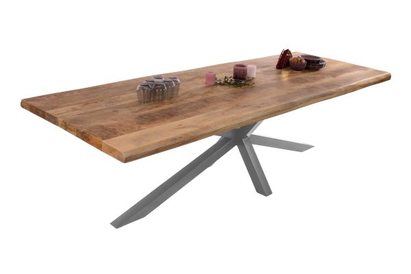B-Ware Esstisch Baumkante 240 x 100 cm Mangoholz Rough Spider-Gestell silber CALI