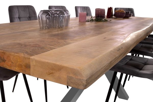 B-Ware Esstisch Baumkante 240 x 100 cm Mangoholz Rough Spider-Gestell silber CALI