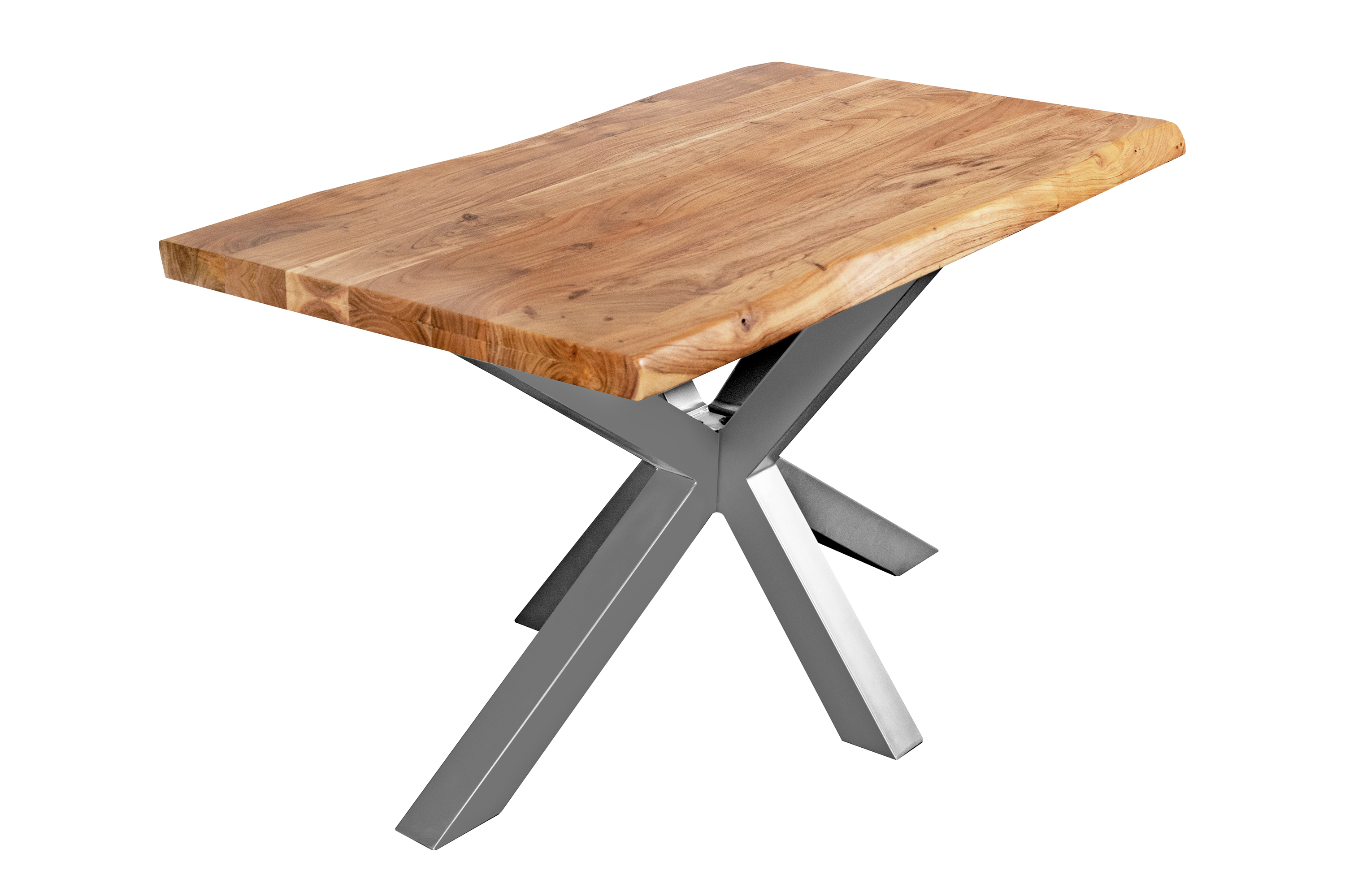 B-Ware Esstisch Baumkante Akazie massiv 50mm Natur 180 x 90 cm Spider-Gestell silber CALI