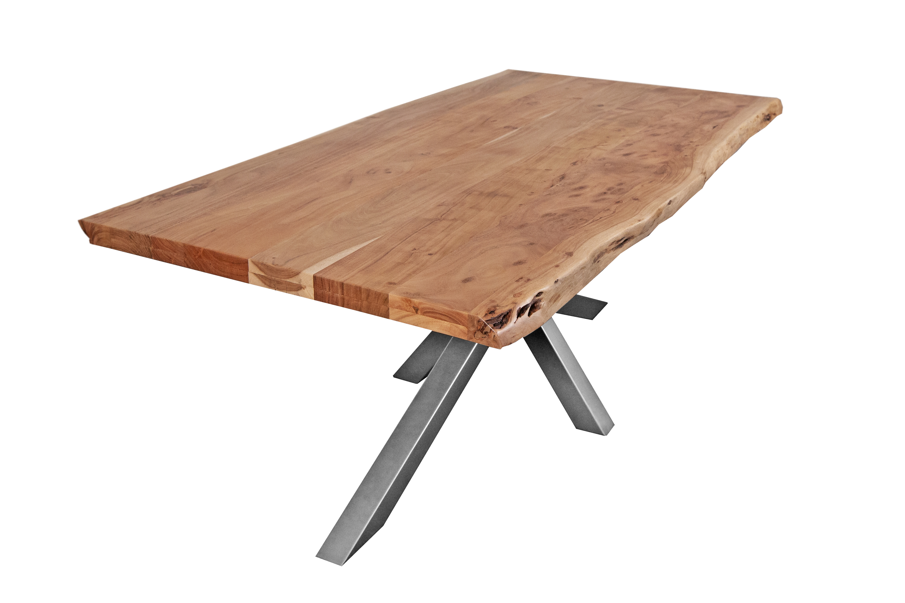 B-Ware Esstisch Baumkante Akazie massiv 50mm Natur 300 x 100 cm Spider-Gestell silber CALI