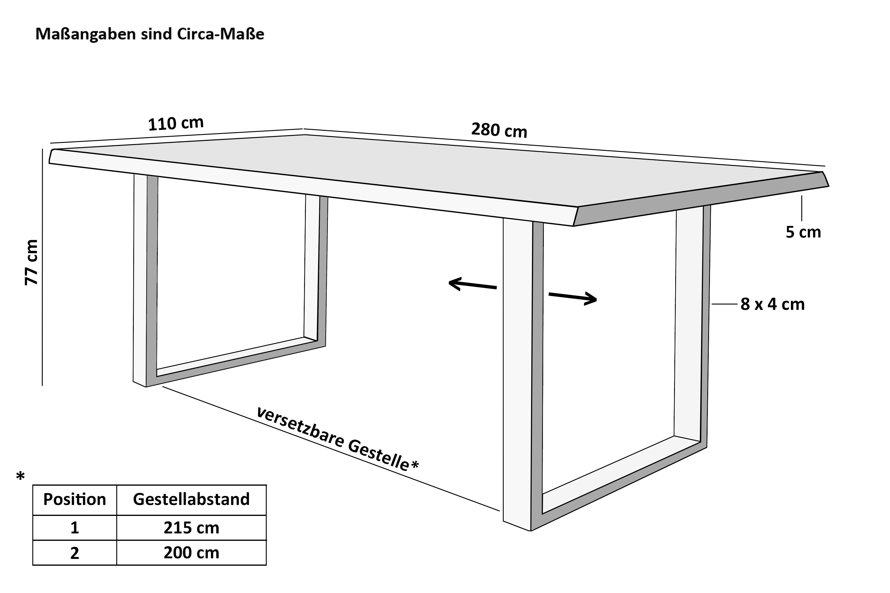 SAM_NEU-Esszimmer-Baumkante-Tische-Cali_aufgedoppelt-U_Gestell-BKT-massangaben-calista_280x110cm_5cm_u_massangaben