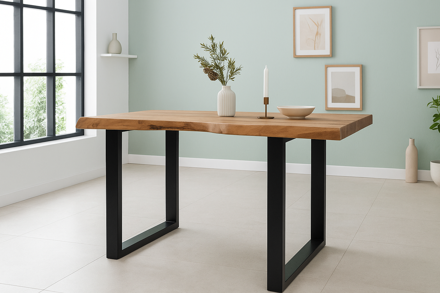 Esstisch Baumkante Akazie massiv 50mm Natur 160 x 85 cm U-Gestell schwarz CALI