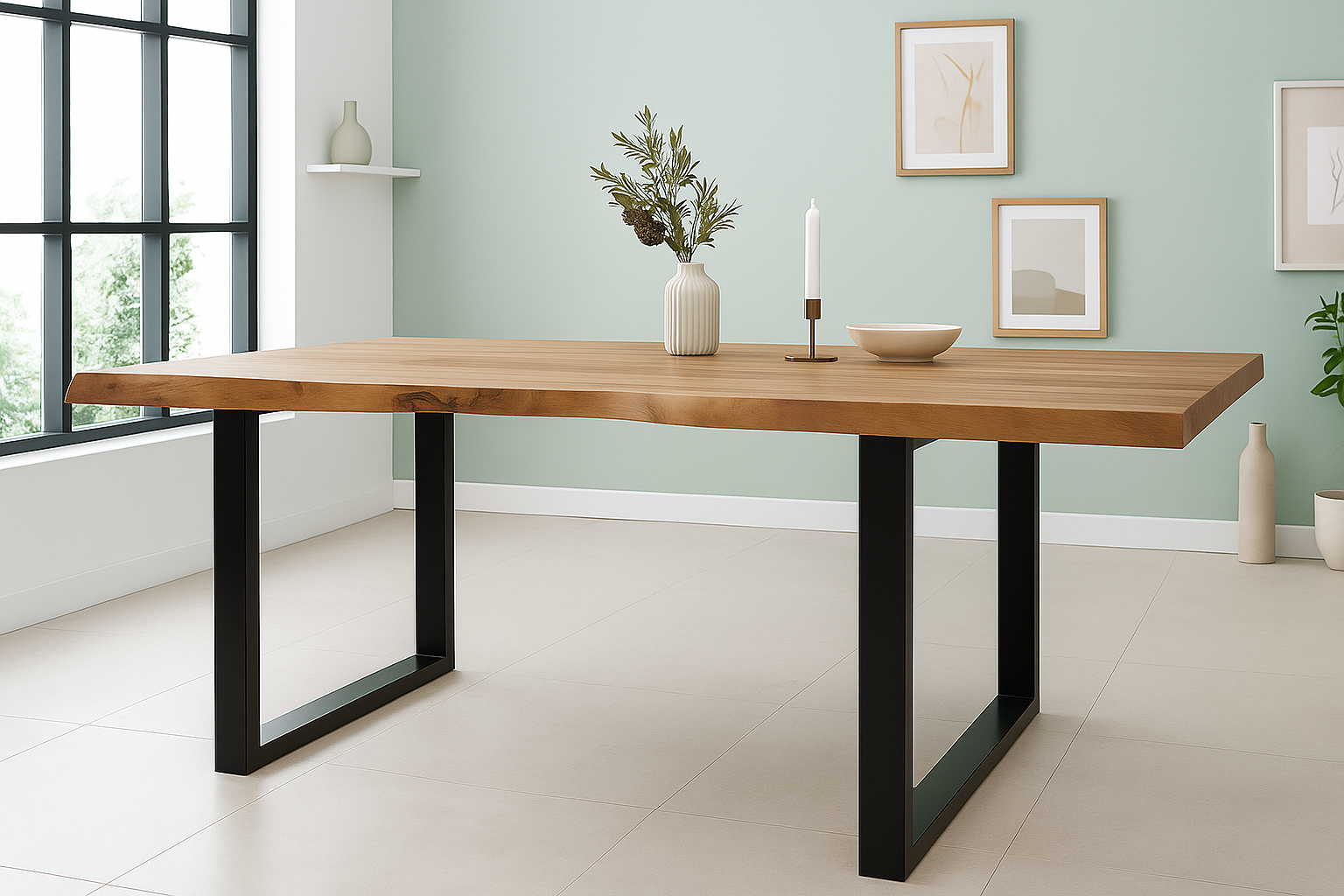 Esstisch Baumkante 300 x 120 cm Akazie Natur massiv U-Gestell schwarz CALINDA