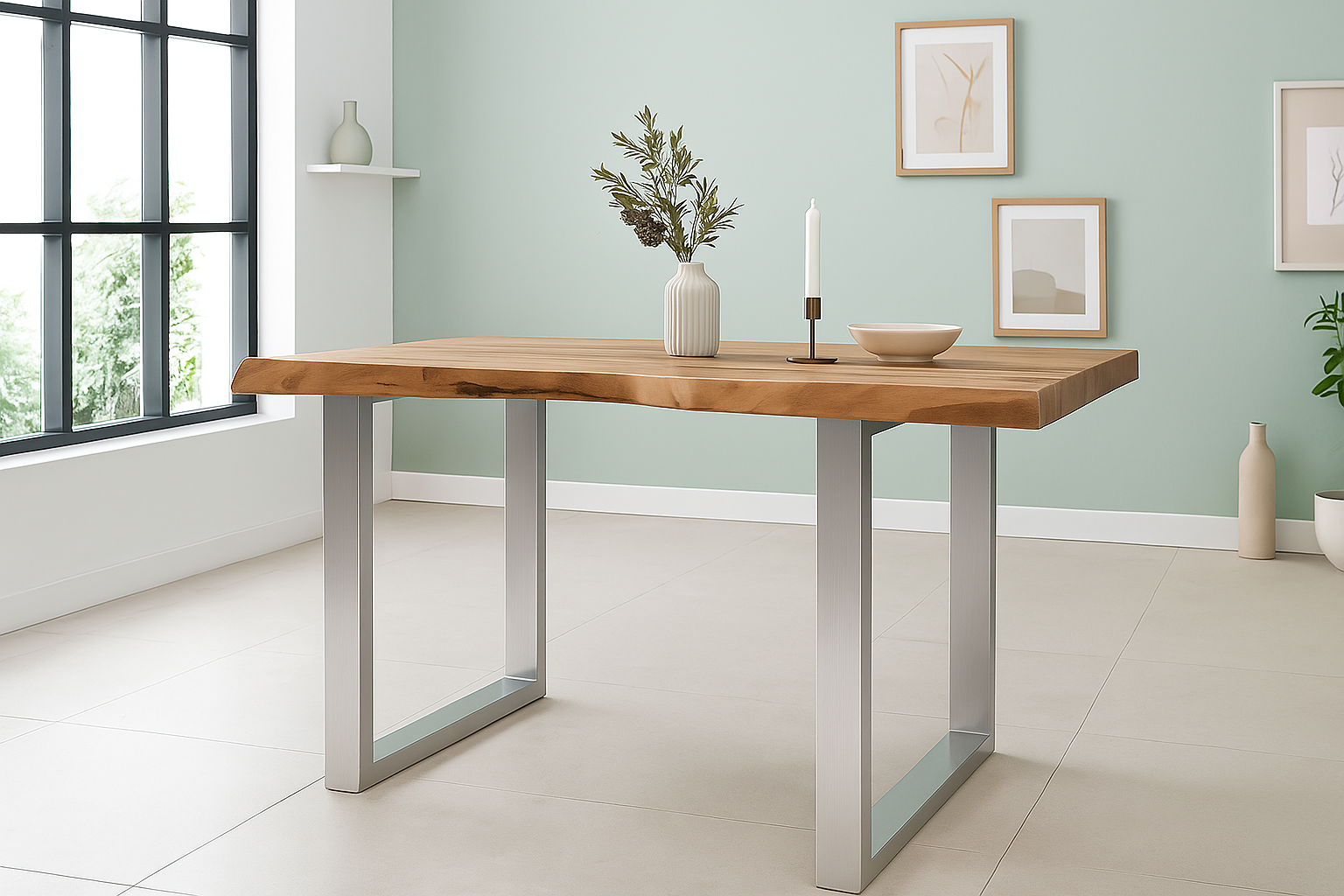 Esstisch Baumkante Akazie massiv 50mm Natur 120 x 80 cm U-Gestell silber CALI