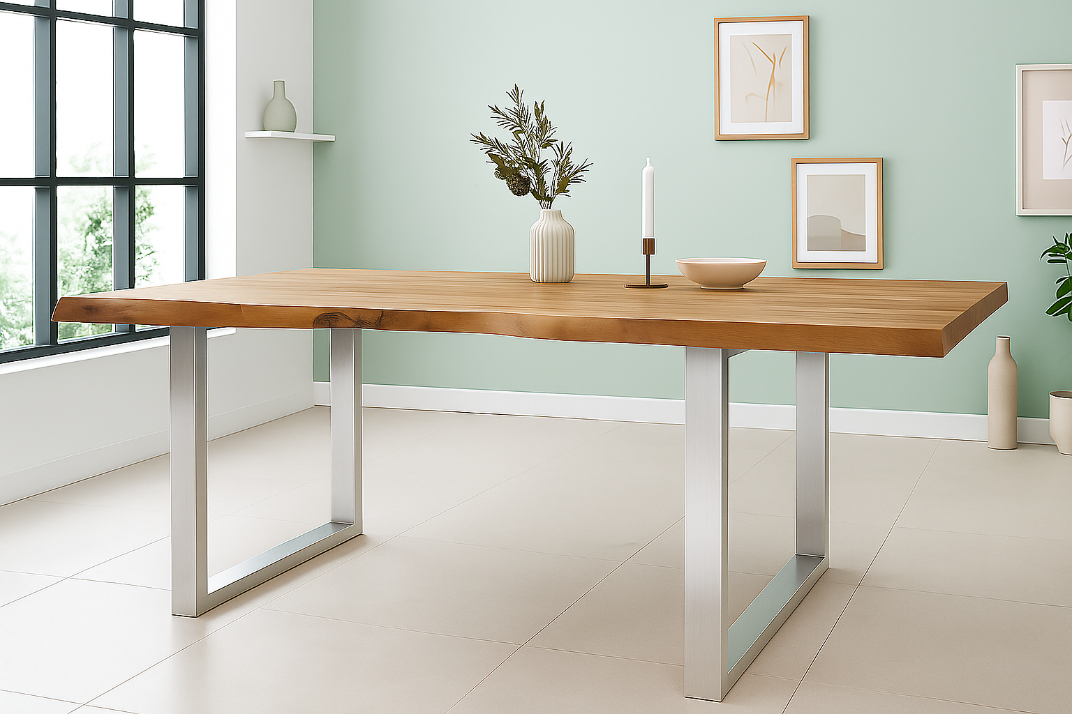 Esstisch Baumkante 300 x 110 cm Akazie Natur massiv U-Gestell silber CALISTA