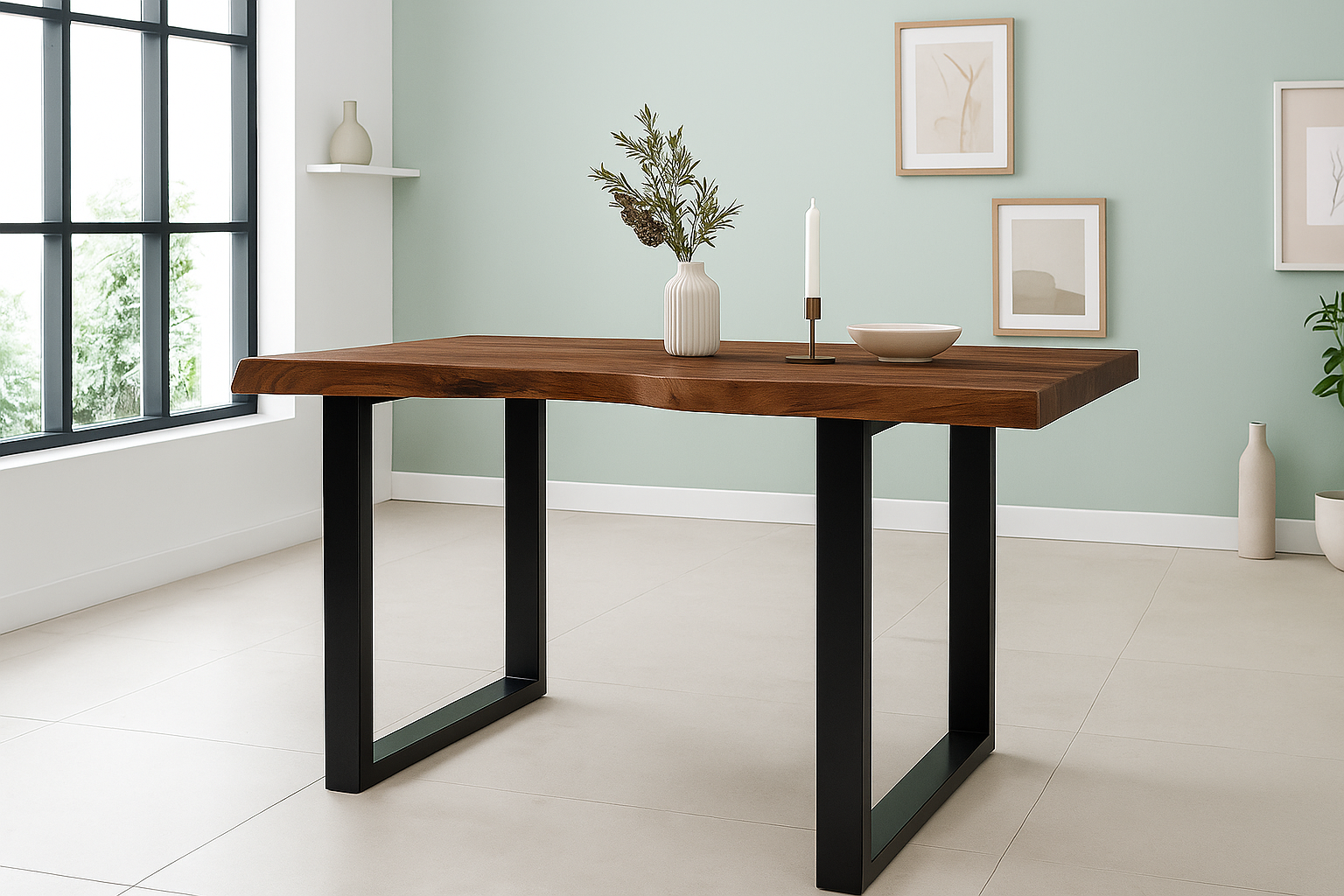 Esstisch Baumkante Akazie massiv 50mm Nussbaum 140 x 80 cm U-Gestell schwarz CALI