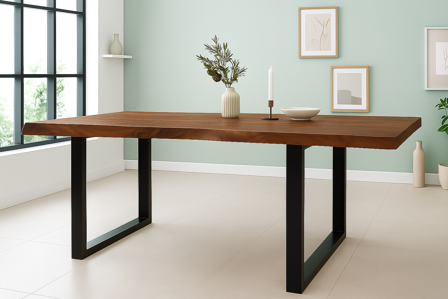 Esstisch Baumkante Akazie massiv 50mm Nussbaum 260 x 100 cm U-Gestell schwarz CALI