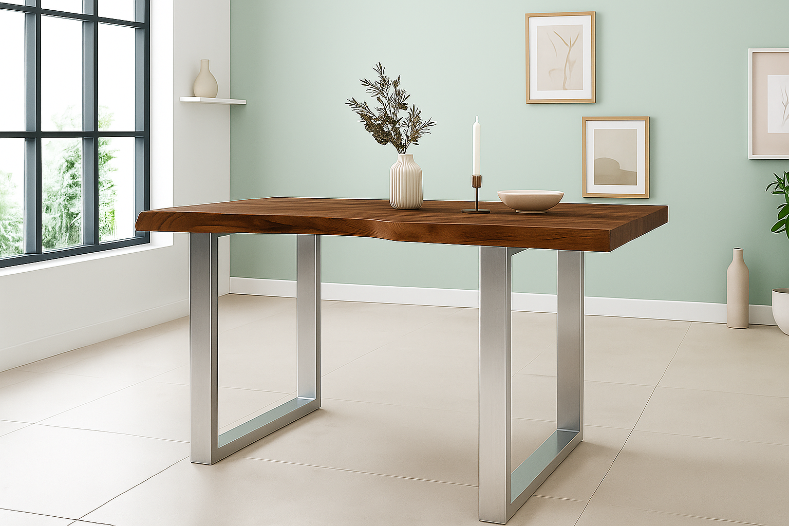 Esstisch Baumkante Akazie massiv 50mm Nussbaum 160 x 85 cm U-Gestell silber CALI
