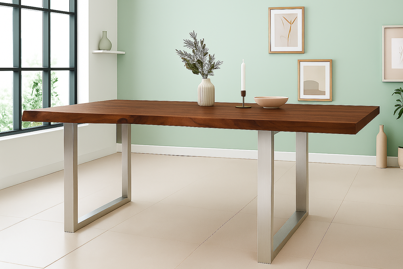 Esstisch Baumkante Akazie massiv 50mm Nussbaum 300 x 100 cm U-Gestell silber CALI