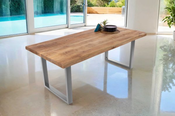 Esstisch Baumkante 200 x 100 cm Mangoholz Rough U-Gestell silber CALI