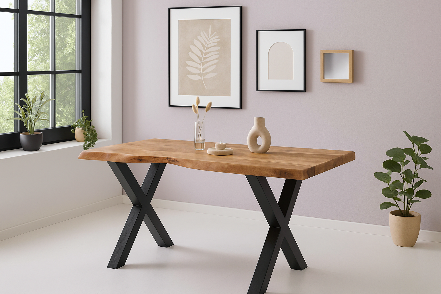 Esstisch Baumkante Akazie massiv 50mm Natur 160 x 85 cm X-Gestell schwarz CALI
