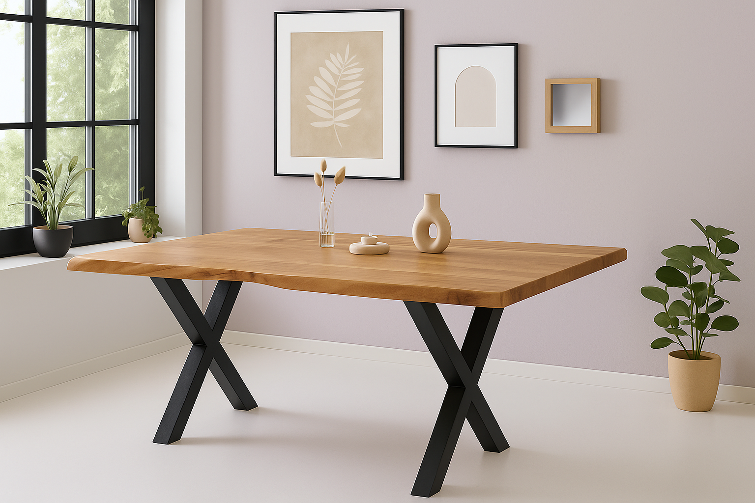 Esstisch Baumkante Akazie massiv 50mm Natur 200 x 100 cm X-Gestell schwarz CALI