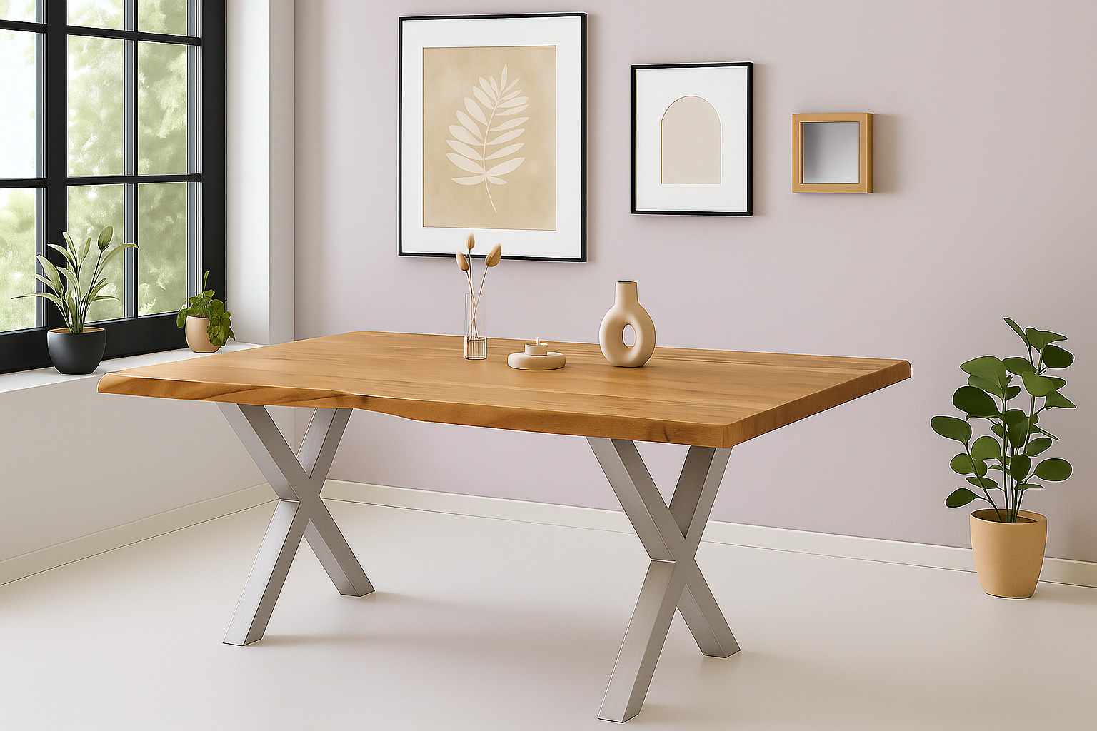 Esstisch Baumkante Akazie massiv 50mm Natur 220 x 100 cm X-Gestell silber CALI