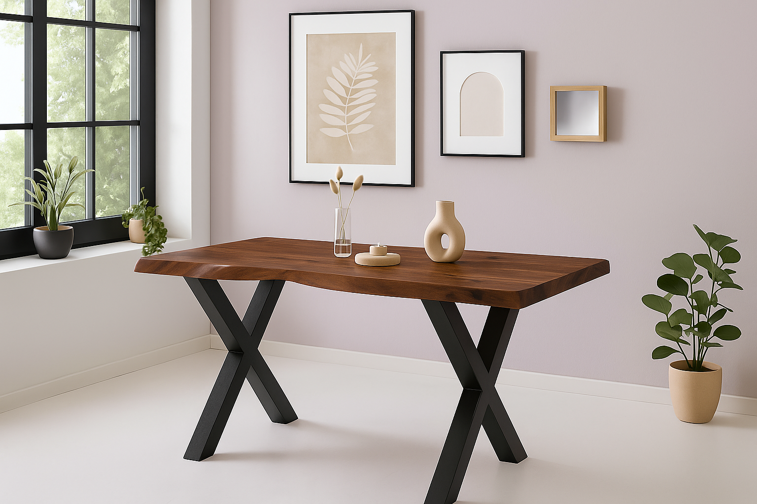 Esstisch Baumkante Akazie massiv 50mm Nussbaum 140 x 80 cm X-Gestell schwarz CALI