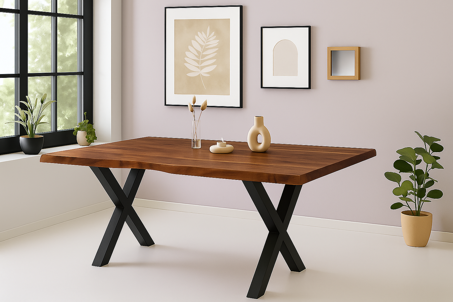Esstisch Baumkante Akazie massiv 50mm Nussbaum 240 x 100 cm X-Gestell schwarz CALI