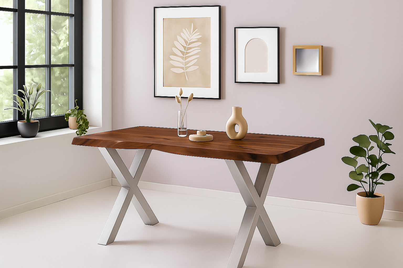 Esstisch Baumkante Akazie massiv 50mm Nussbaum 180 x 90 cm X-Gestell silber CALI