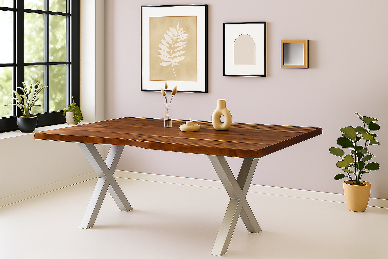 Esstisch Baumkante Akazie massiv 50mm Nussbaum 240 x 100 cm X-Gestell silber CALI