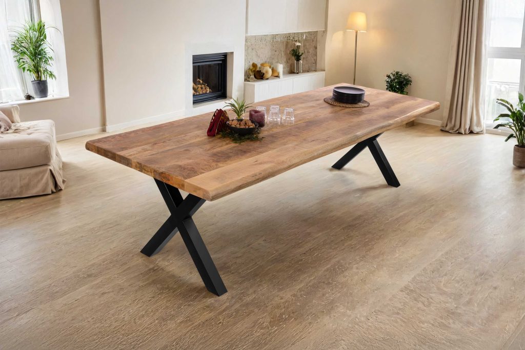 SAM_NEU-Esszimmer-Baumkante-Tische-Cali_aufgedoppelt-X_Gestell-mango-schwarz-240-BKT_Cali_mango_rough_01