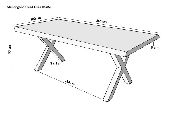 Esstisch Baumkante 260 x 100 cm Mangoholz Rough X-Gestell silber CALI