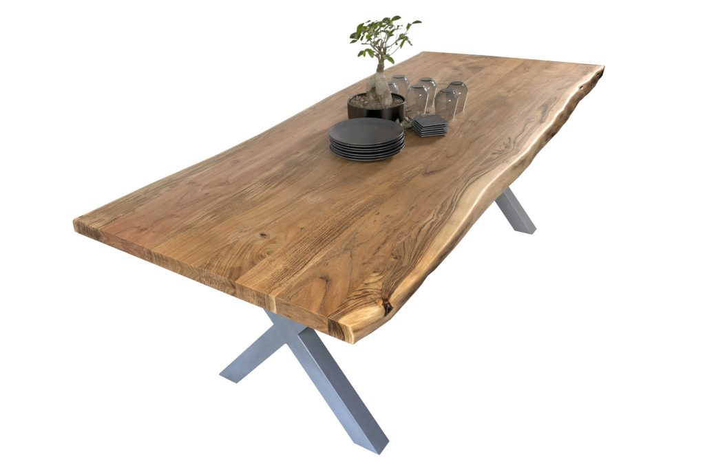 SAM_NEU-Esszimmer-Baumkante-Tische-Cali_aufgedoppelt-X_Gestell-natur-silber-260-BKT_Cali_natur_silber_260_01