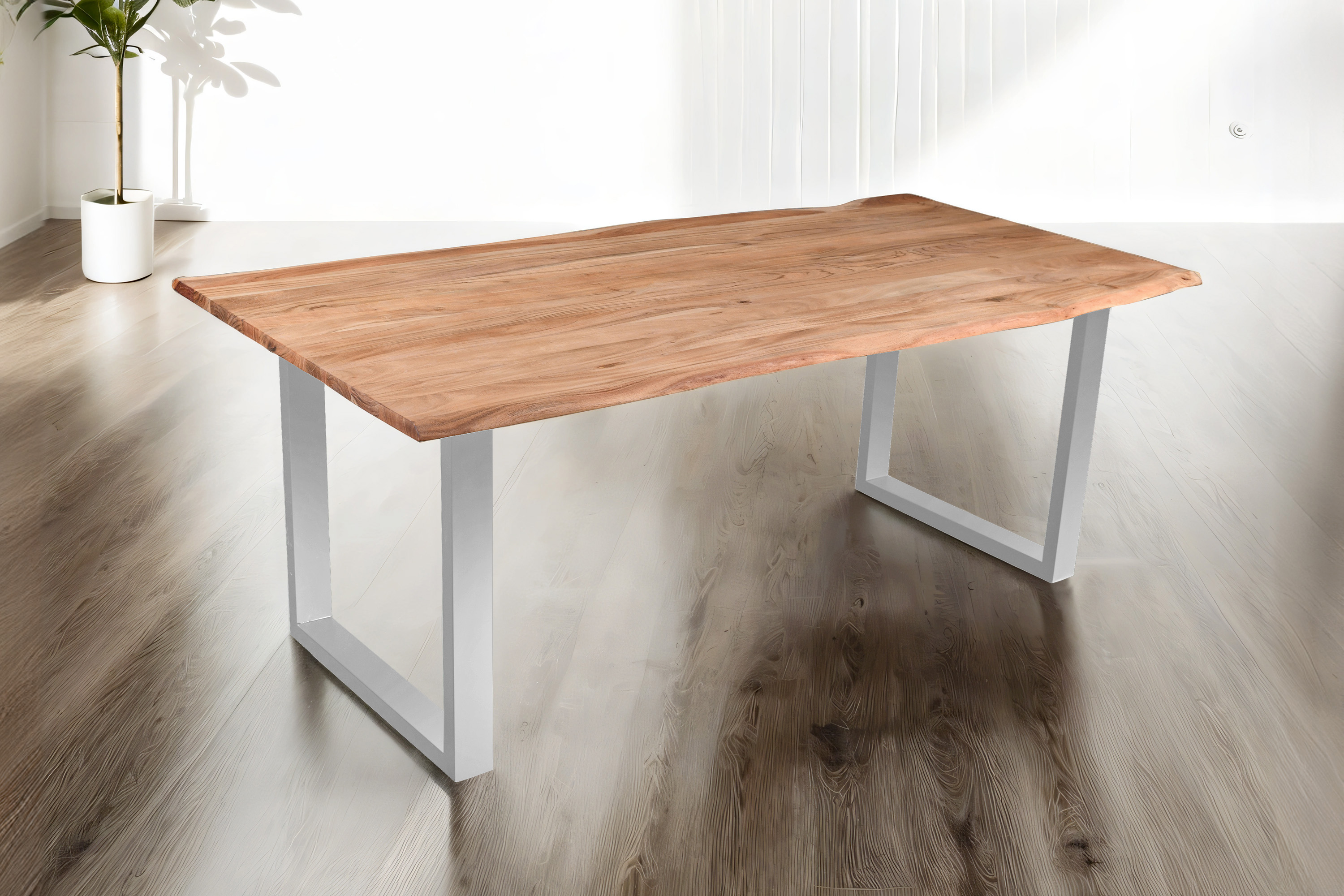 Esstisch Baumkante Akazie massiv eichenfarben 200 x 100 cm U-Gestell silber DEREK