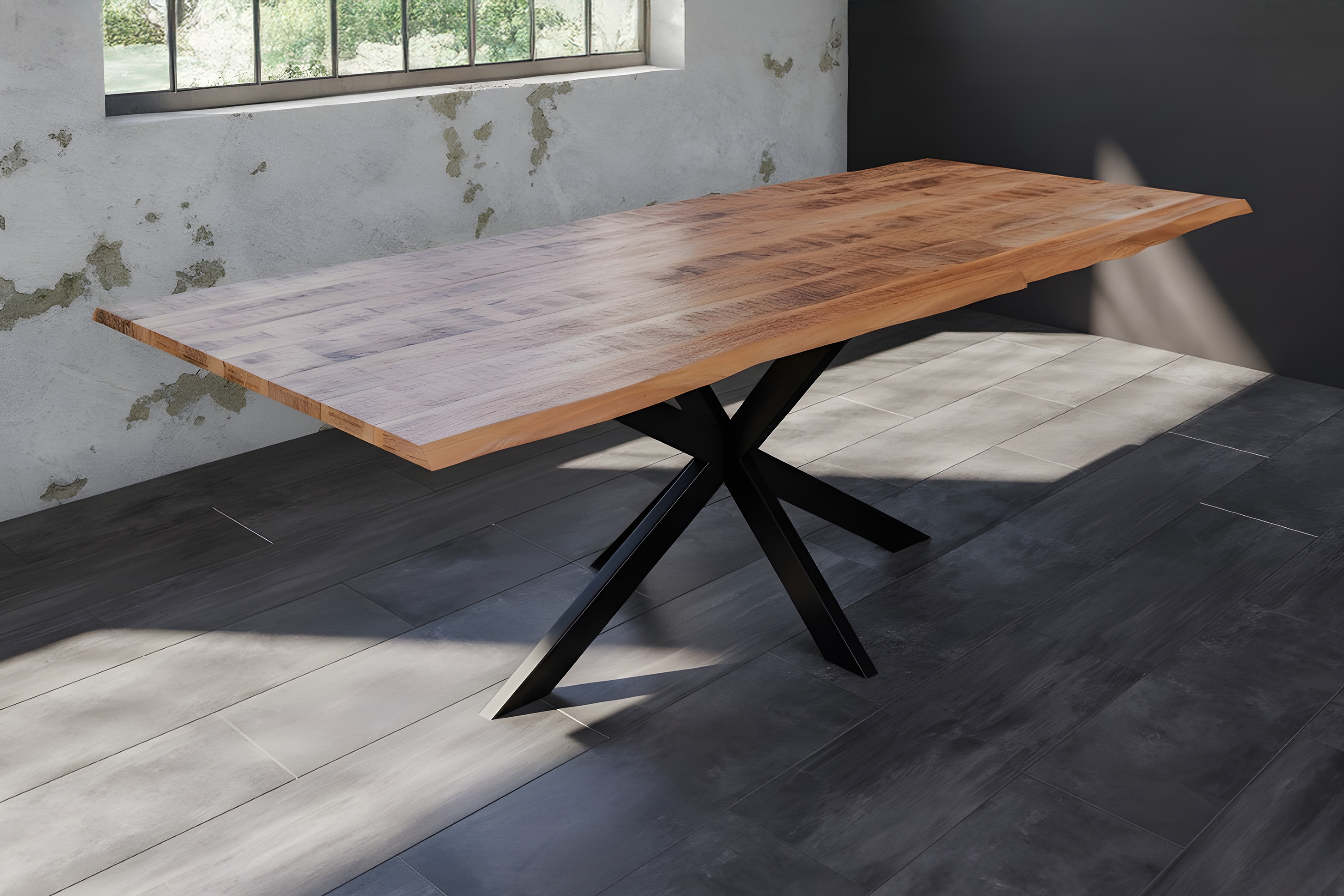 Baumkantentisch Esstisch Mangoholz massiv Spider-Gestell schwarz 300 x 100 cm DORA