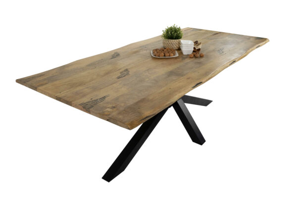 Baumkantentisch Mangoholz Esstisch Vintage-Optik 220 x 100 cm Spider-Gestell schwarz TIGER