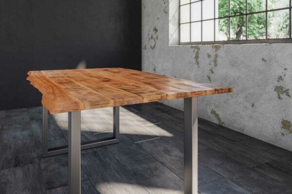 B-Ware Baumkantentisch Esstisch Mangoholz massiv U-Gestell silber 120 x 80 cm DORA