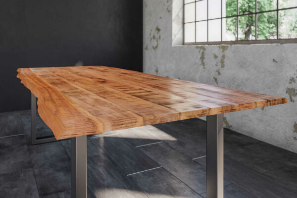 B-Ware Baumkantentisch Esstisch Mangoholz massiv U-Gestell silber 260 x 100 cm DORA