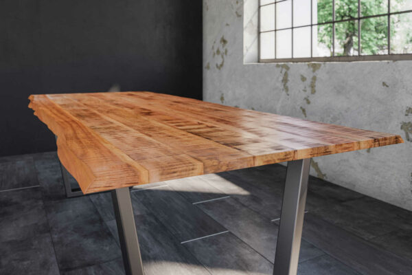 Baumkantentisch Esstisch Mangoholz massiv V-Gestell silber 200 x 100 cm DORA
