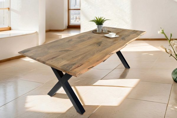 Baumkantentisch Mangoholz Esstisch Vintage-Optik 200 x 100 cm X-Gestell schwarz TIGER