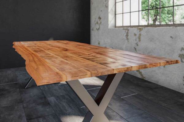 Baumkantentisch Esstisch Mangoholz massiv X-Gestell silber 200 x 100 cm DORA
