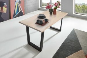 Esstisch Baumkante Massiv Akazie grau sandgestrahlt 220 x 100 schwarz Grace