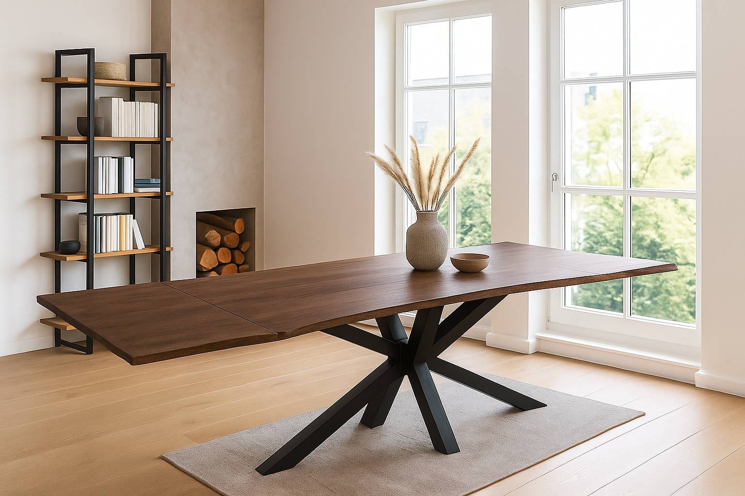 Esstisch 120(200)x90cm mit Ansteckplatten, Baumkante massiv Akazie nougat Spider-Gestell schwarz JANNIK