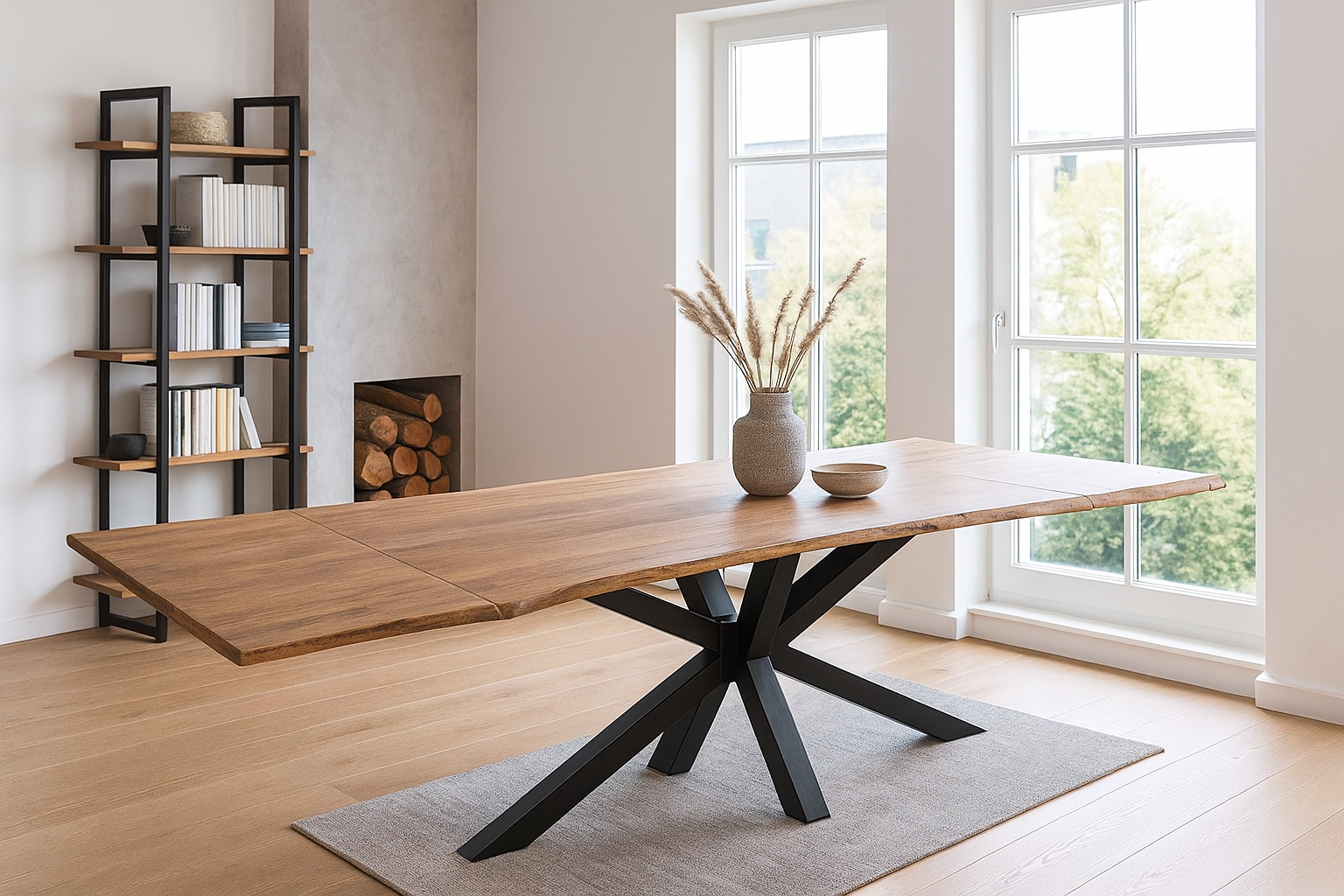 Esstisch 220(320)x100cm mit Ansteckplatten, Baumkante massiv Akazie stone Spider-Gestell schwarz JANNIK