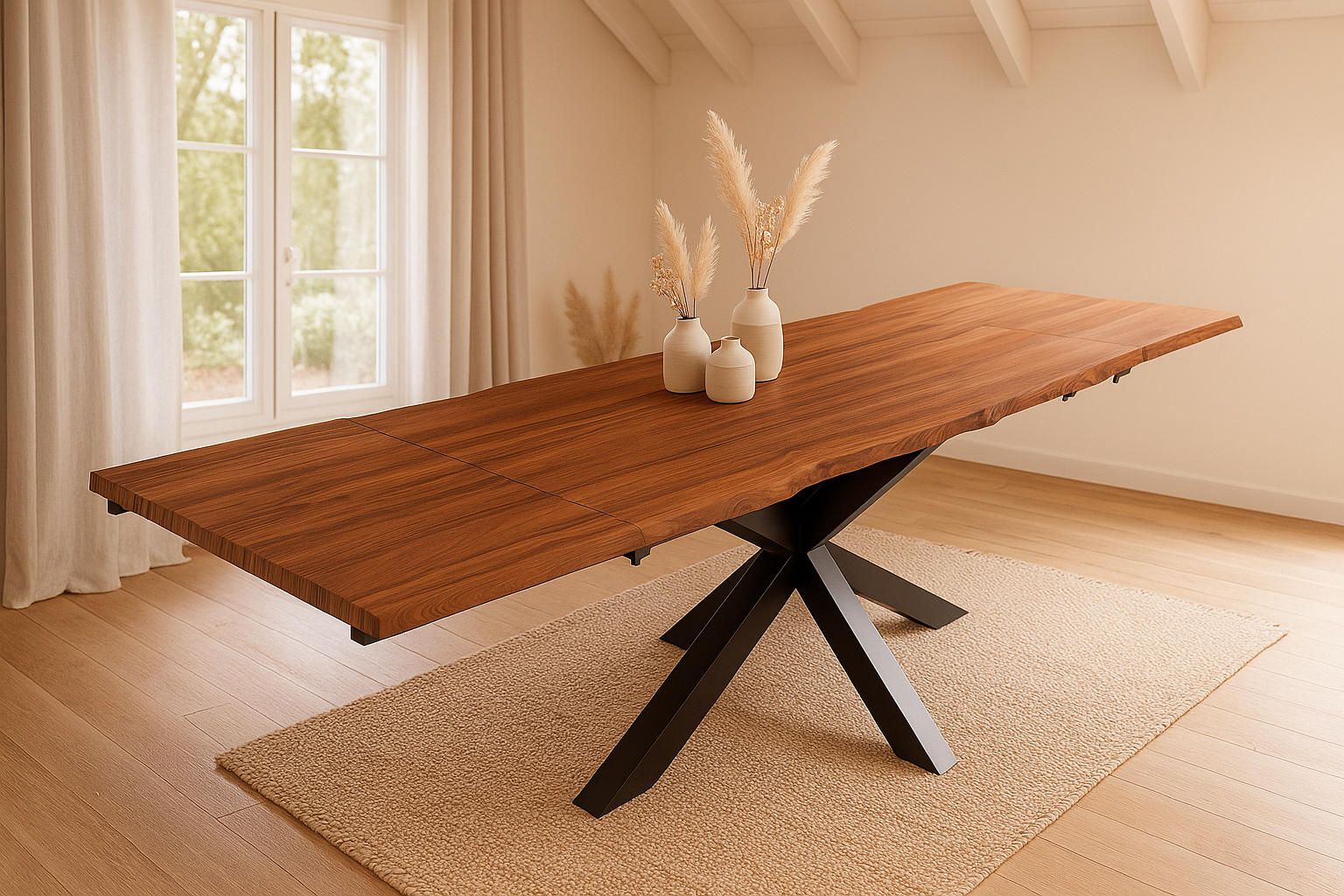 Esstisch Baumkante 140(220)x90 cm mit Ansteckplatten Akazie nougat massiv Spider-Gestell schwarz JANOSH