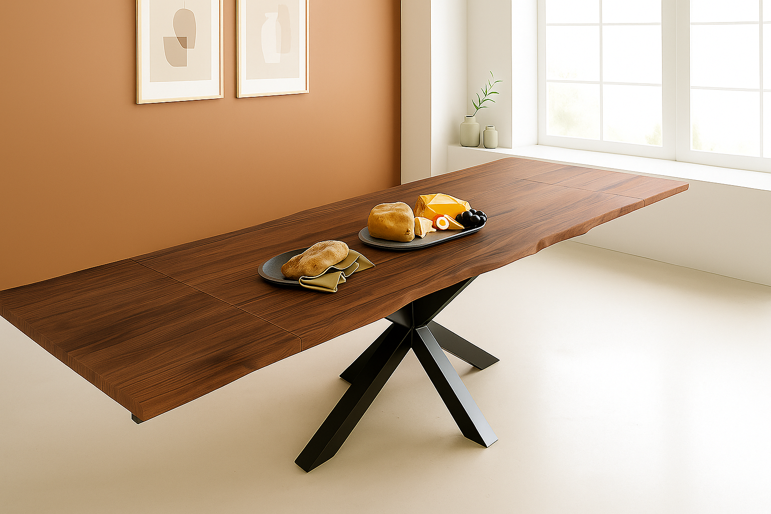 Esstisch Baumkante 220(320)x100 cm mit Ansteckplatten Akazie nougat massiv Spider-Gestell schwarz JANOSH